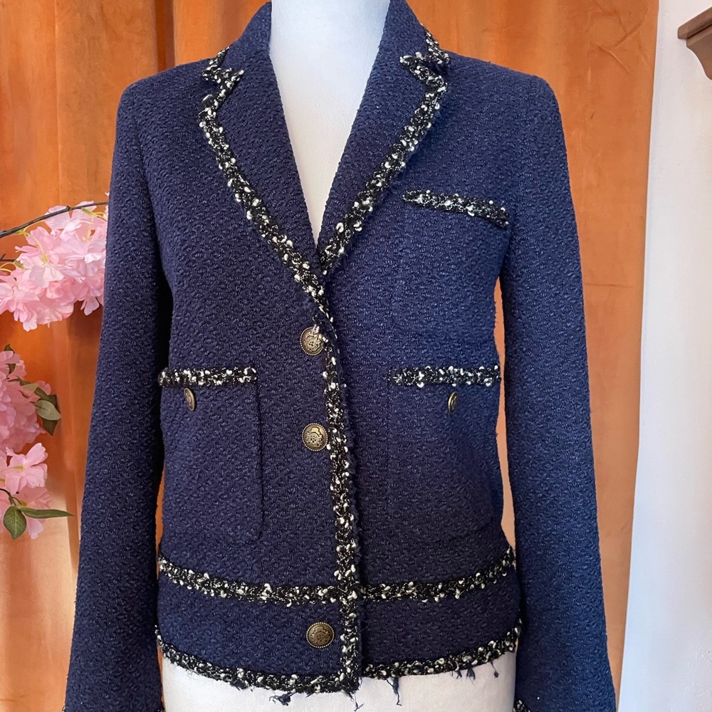 Zara Navy Textured Blazer with Button Accents